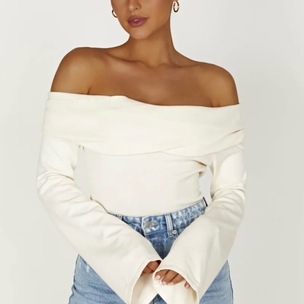 Meshki Off-Shoulder White Sweater